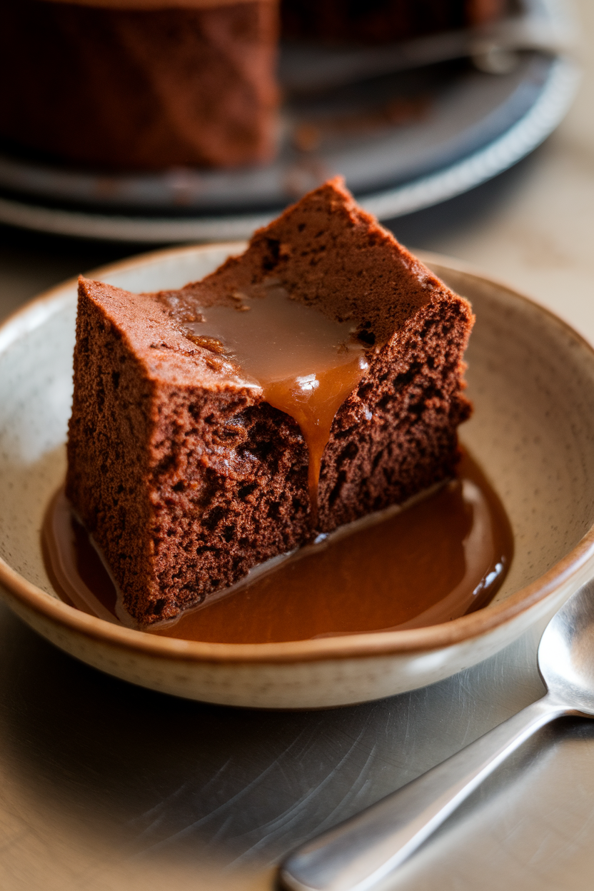 Slice of dark gingerbread pudding cake in a bowl indoors, warm toffee sauce pooling, small spoon beside. No text or logos.