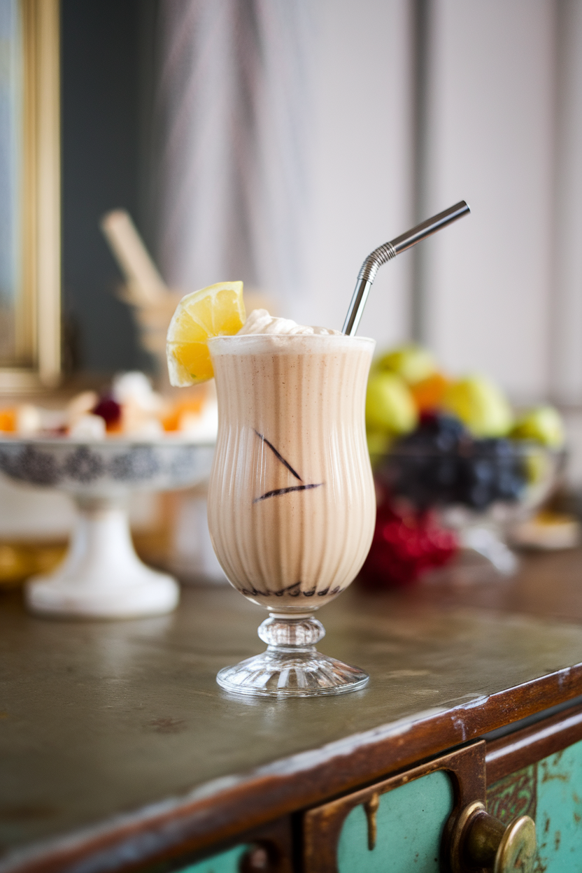 Indoor photo of chilled milkshake glass with creamy beige date mocktail, vanilla bean flecks visible, metal straw; vintage dessert counter; no text or logos.