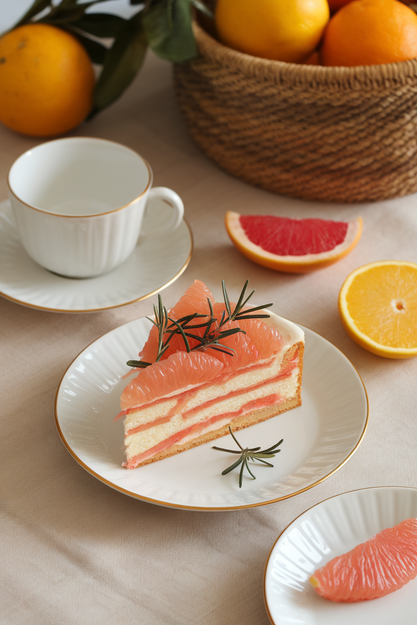 An indoor citrus-themed table with a single-layer cake slice topped by thin grapefruit segments and tiny rosemary leaves. No text or logos. Photo, not illustration.