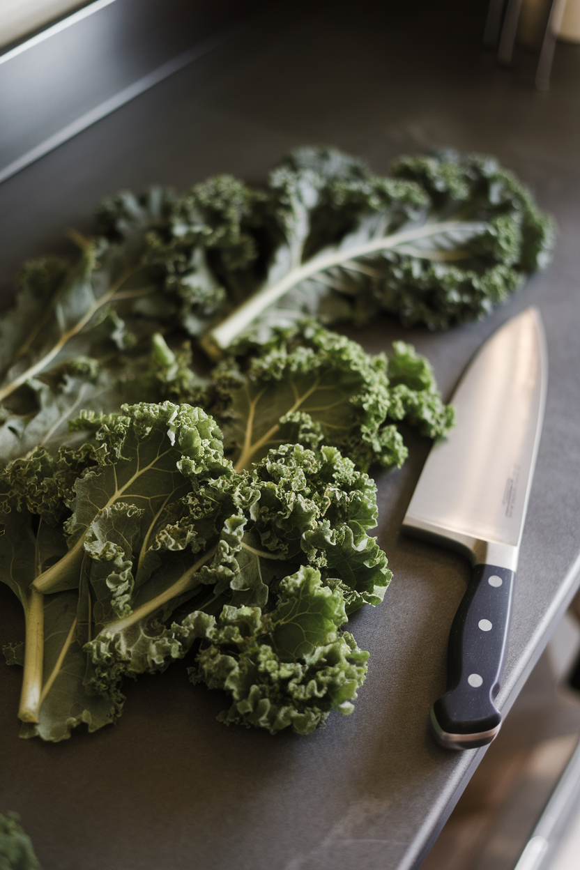A softly lit indoor counter with curly kale leaves spread out beside a chef’s knife, no text or logos.