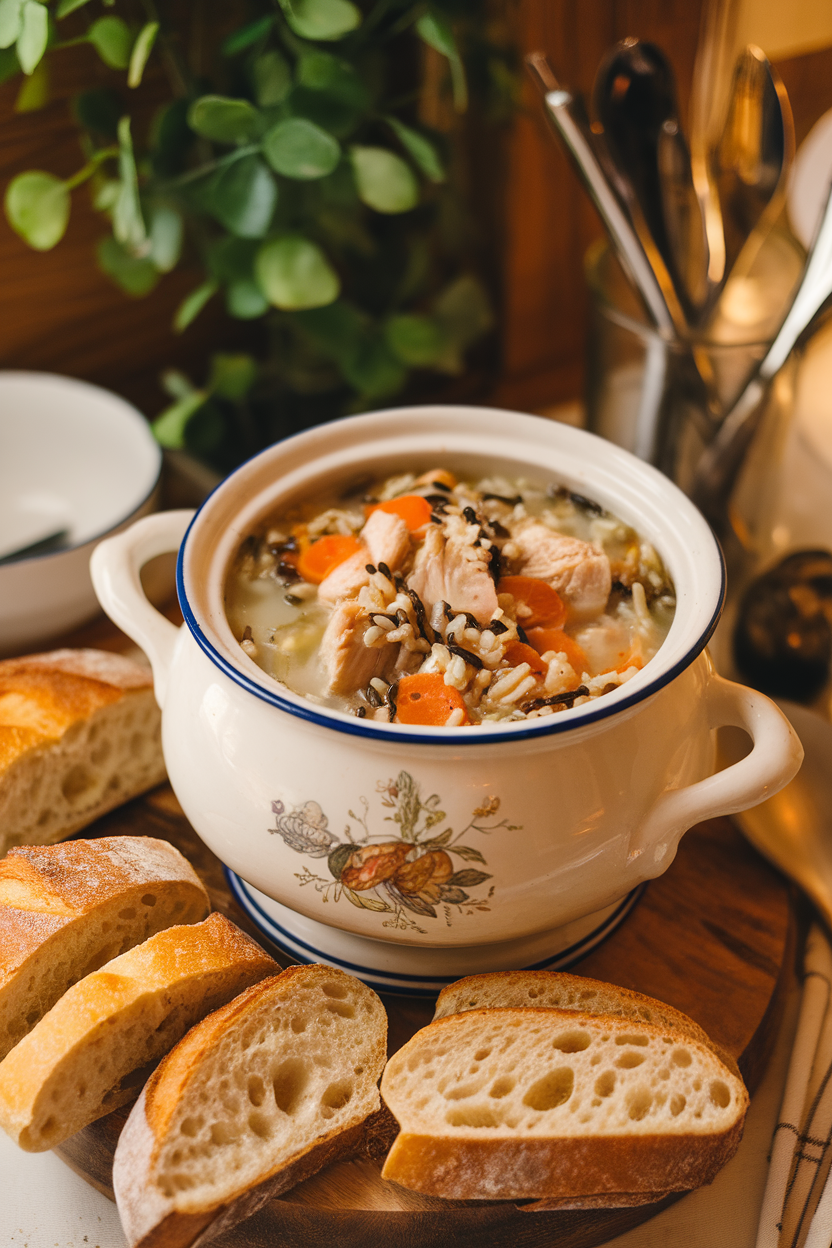 Indoor soup tureen filled with chunky chicken, wild rice, and carrots in a light broth, three-quarter angle. No text or logos.