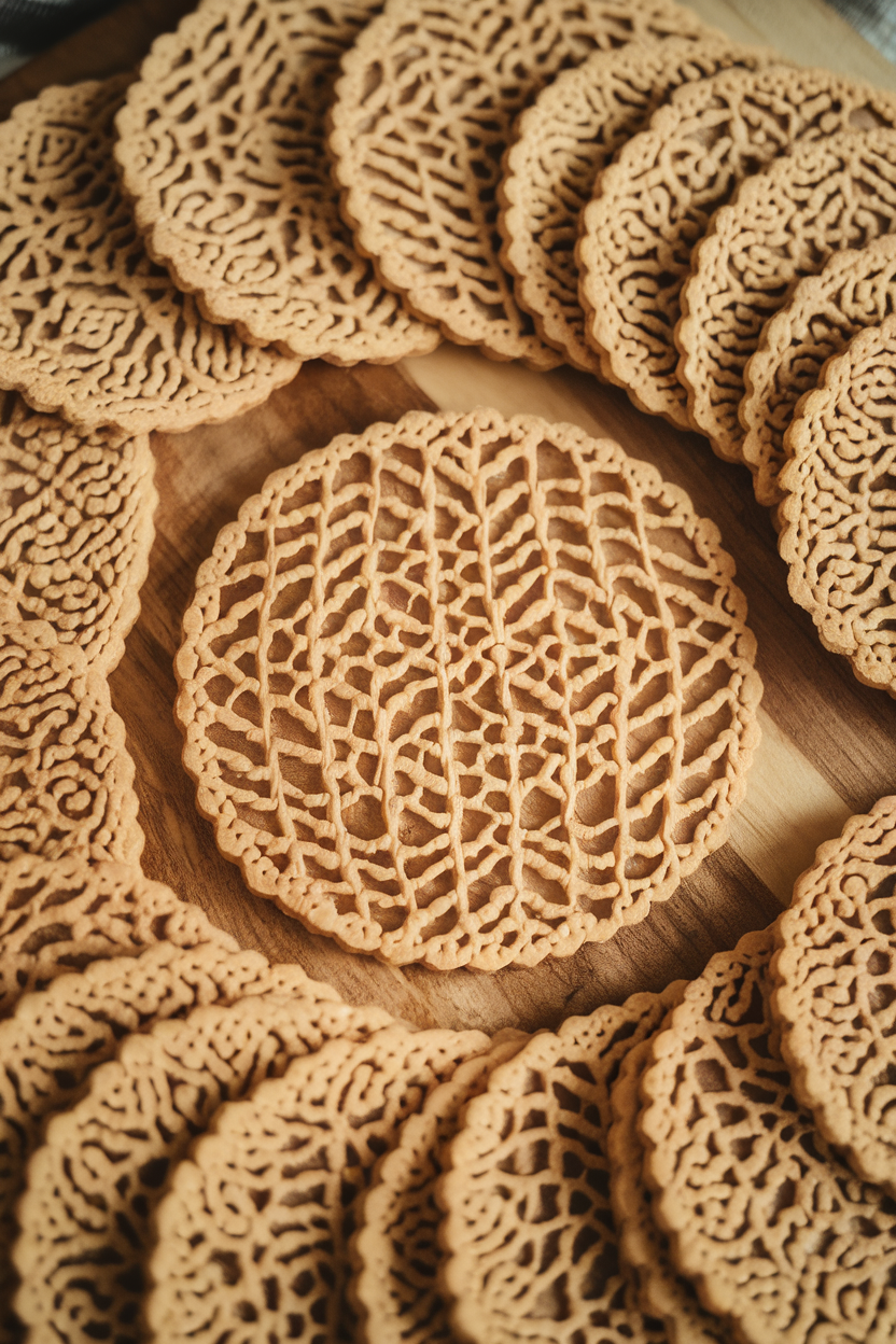 Indoor close-up of ultra-thin lace cookies sprinkled with sesame seeds, delicate webbing visible. Photo, no text or logos.