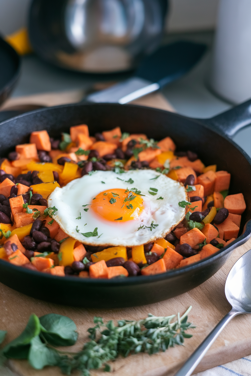 Indoor skillet filled with diced sweet potatoes, black beans, and bell peppers, topped with a soft-cooked egg. No logos or text.