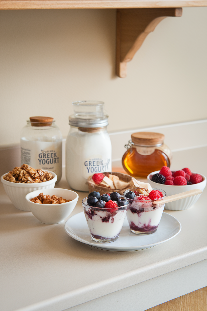 Indoor countertop scene with jars of Greek yogurt, bowls of granola, honey, and mixed berries laid out for self-serve parfaits, no text or logos.