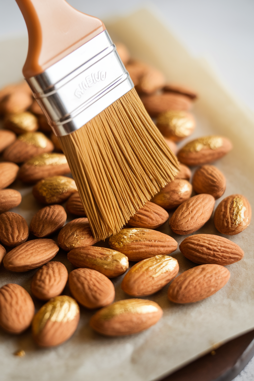 Indoor image of whole almonds being brushed with edible gold paint on parchment, no text or logos