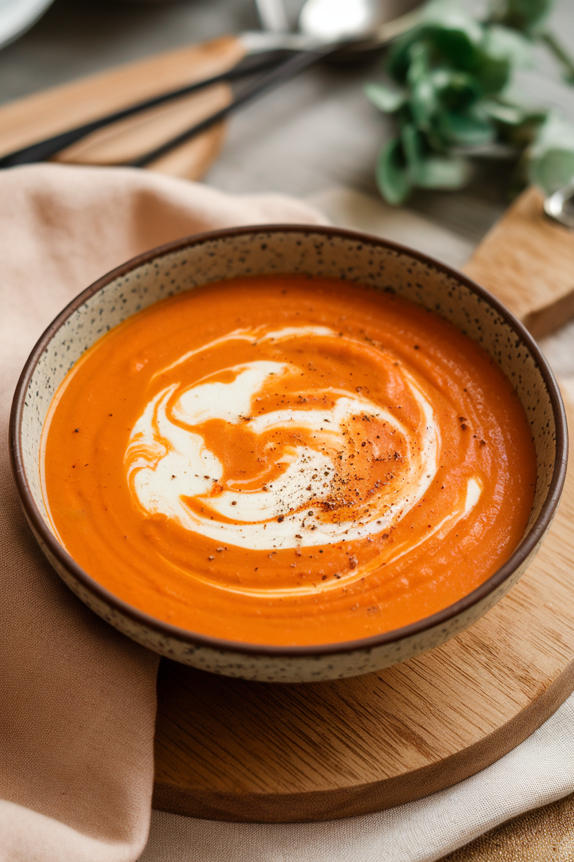 Indoor photo of a creamy orange carrot soup in a shallow bowl, swirled with coconut milk and sprinkled with black pepper; no text or logos.