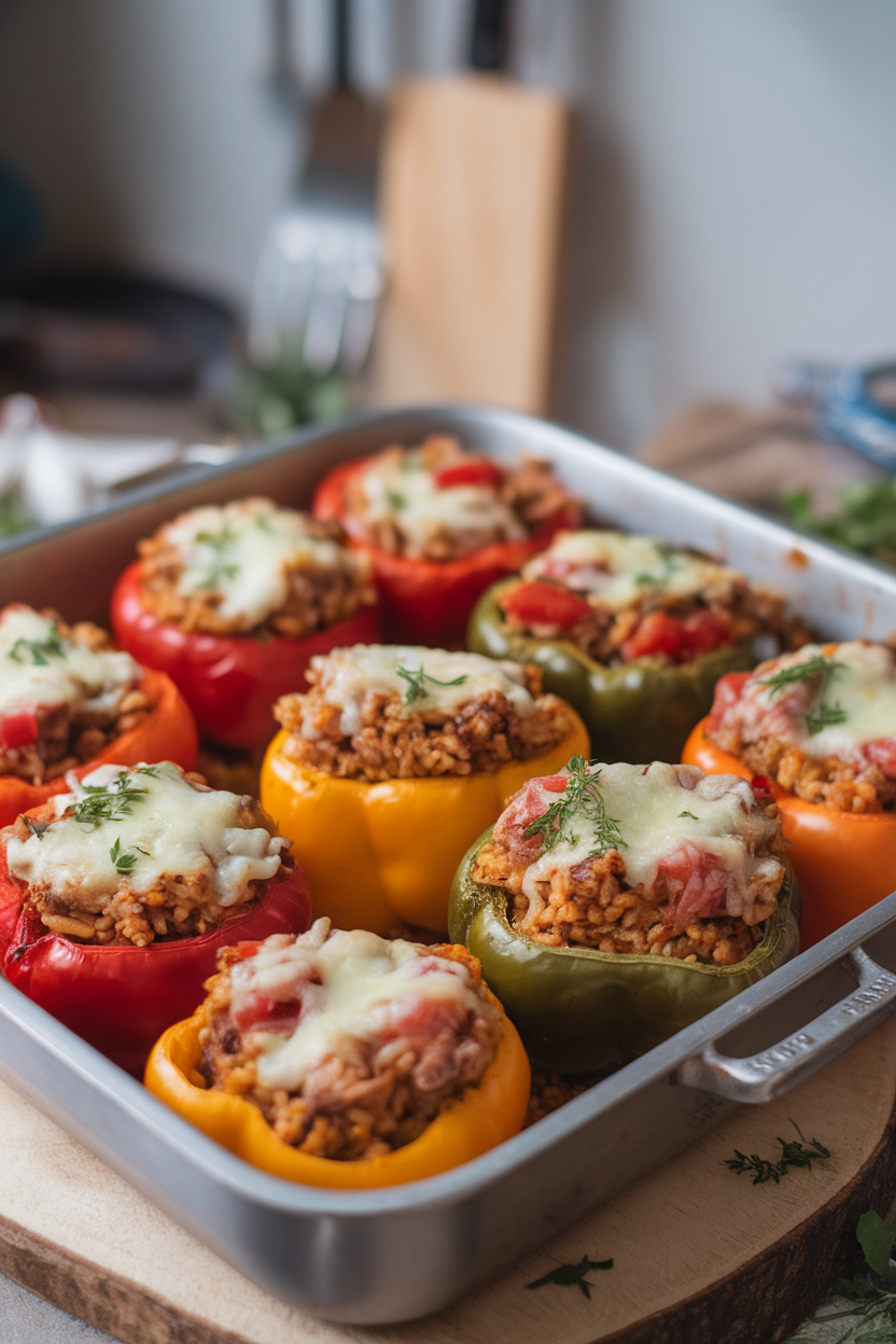An indoor baking dish containing roasted bell peppers filled with turkey, brown rice, and diced tomatoes, cheese lightly melted on top. No logos or text.