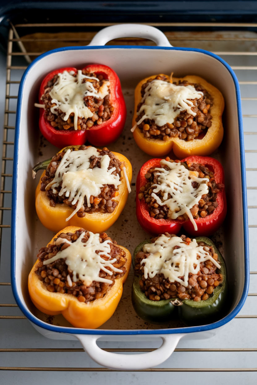 An indoor oven rack with a baking dish of cooked bell peppers stuffed with lentils and brown rice, cheese lightly melted on top. No logos or text present. Photo only.