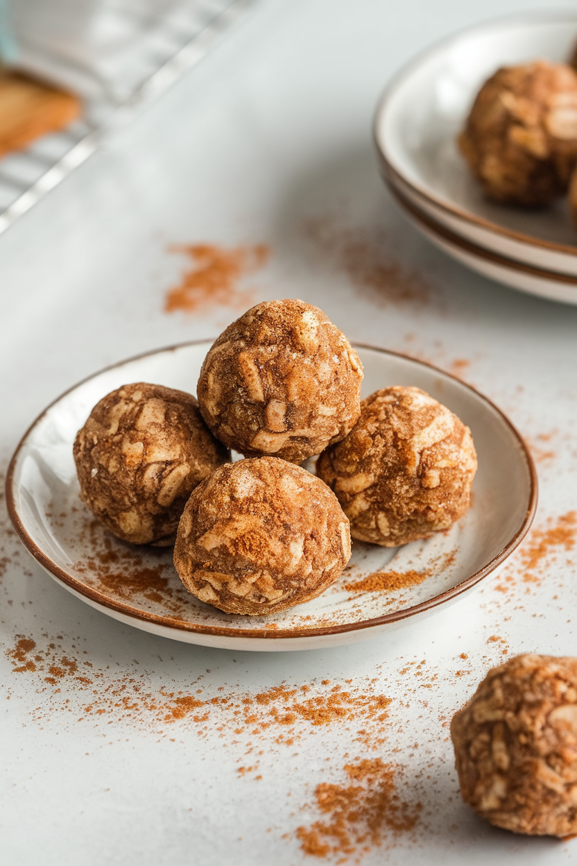 Photo of an indoor dessert plate with cinnamon-coated snickerdoodle energy balls, extra cinnamon-sugar blend sprinkled around. No text or logos.