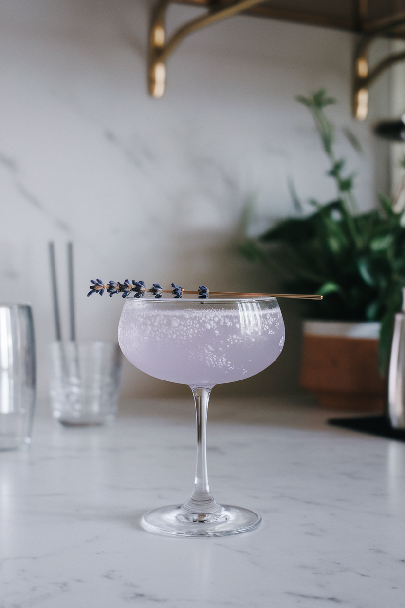 Indoor photo of coupe glass holding pale lavender-tinted mocktail, tiny lavender bud garnish, tonic bubbles; calm bar setting; no text or logos.