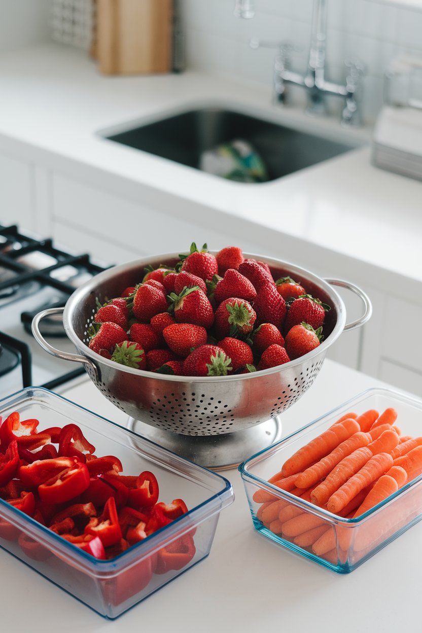 Photo of a kitchen island with washed strawberries draining in a colander beside sliced red peppers and baby carrots in containers. Bright indoor lighting, no text or logos.