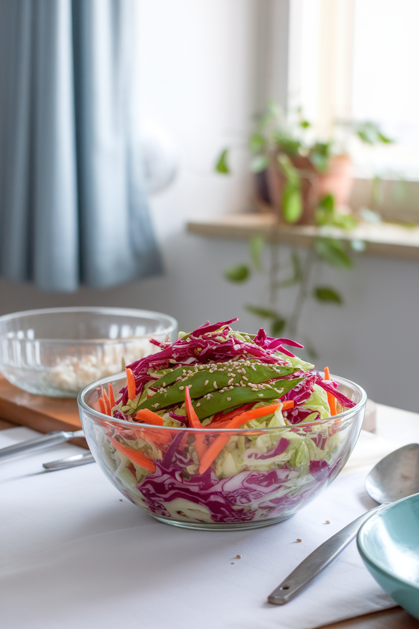 Photo of a vibrant indoor kitchen table showcasing a colorful slaw of shredded red and green cabbage, matchstick carrots, and snow peas in a glass bowl, sprinkled with sesame seeds. No text or logos present.