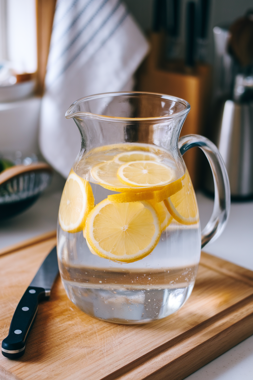 Photo of a clear glass pitcher filled with water and floating lemon wheels on a kitchen counter, indoor lighting, no logos or text.