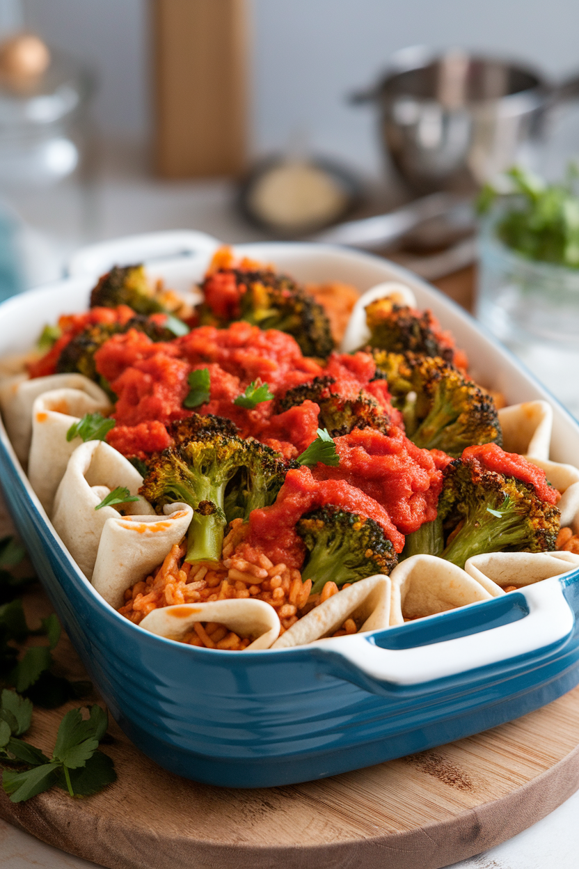 An indoor casserole featuring diced broccoli stems and brown rice wrapped in tortillas, covered with tomato sauce, no text or logos.