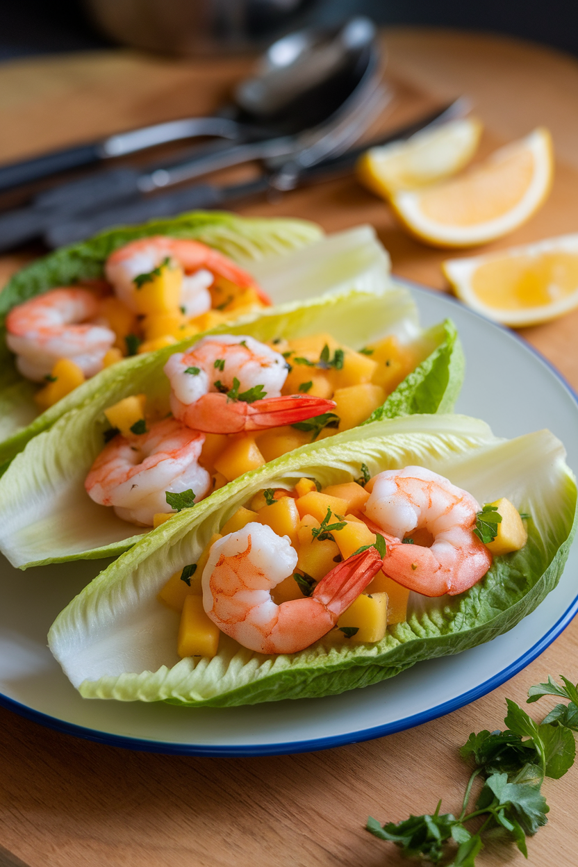 Indoor plate photo of romaine leaves filled with cooked shrimp and chunky peach salsa; soft side lighting, no text or logos.