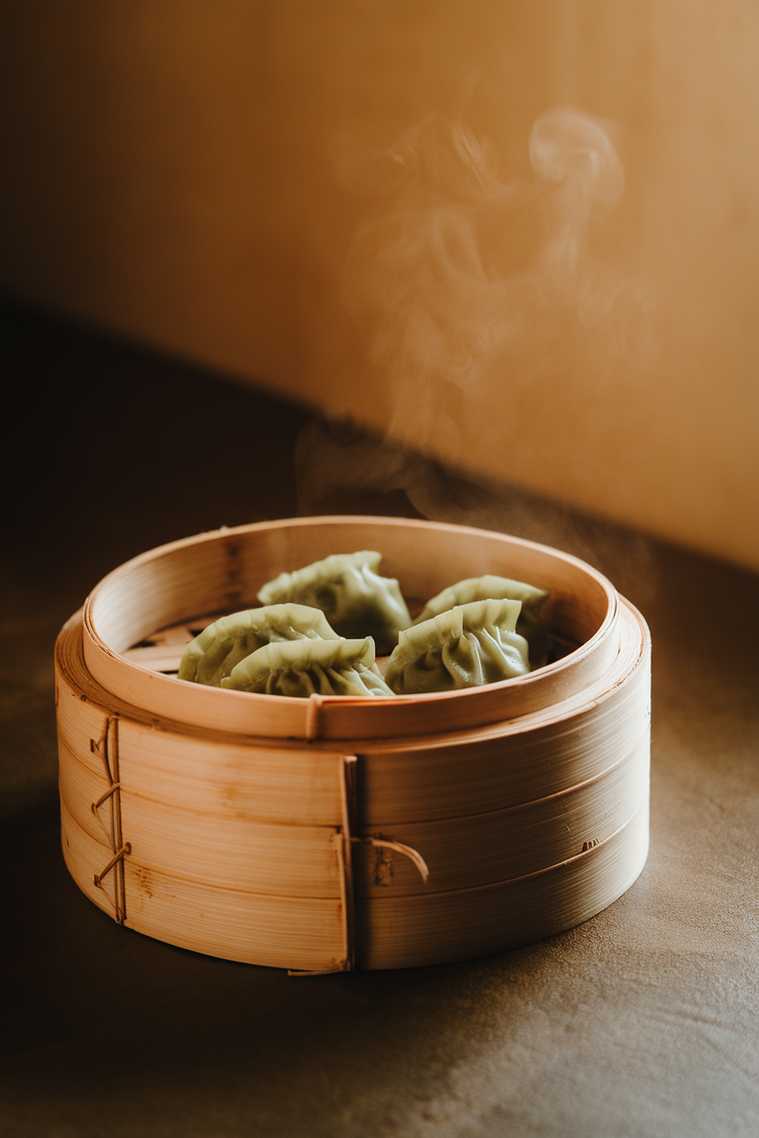 Indoor bamboo steamer basket holding green-tinged potstickers, steam rising gently under warm light; no text or logos
