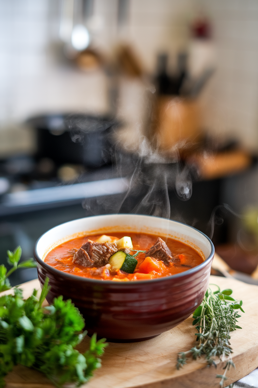 Steam-filled indoor bowl of tomato-based soup with visible chunks of beef, zucchini, and carrots—no text or logos.