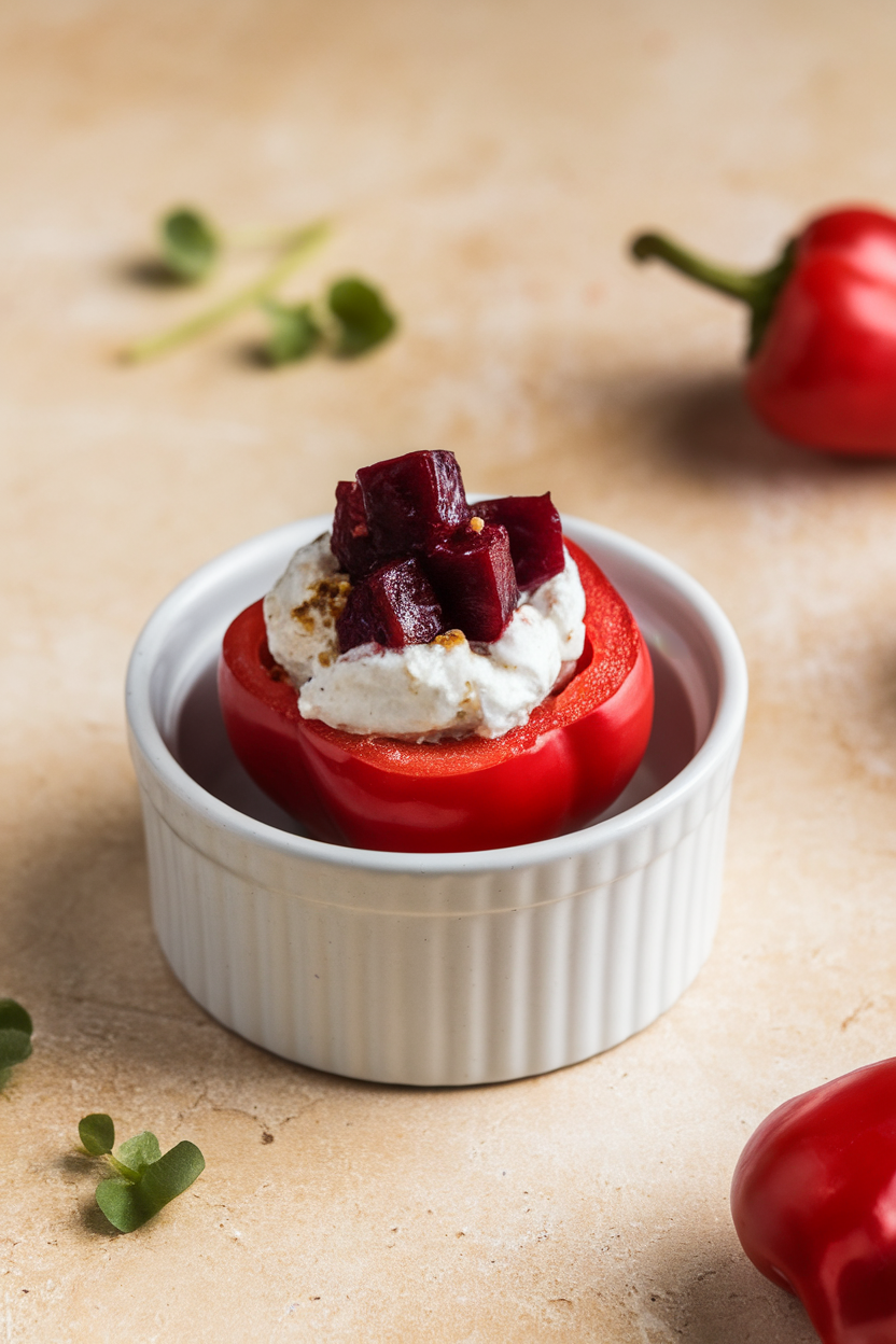 Indoor photo of small red peppadew peppers stuffed with whipped goat cheese and diced roasted beet, on a white ramekin. No brand names or text.