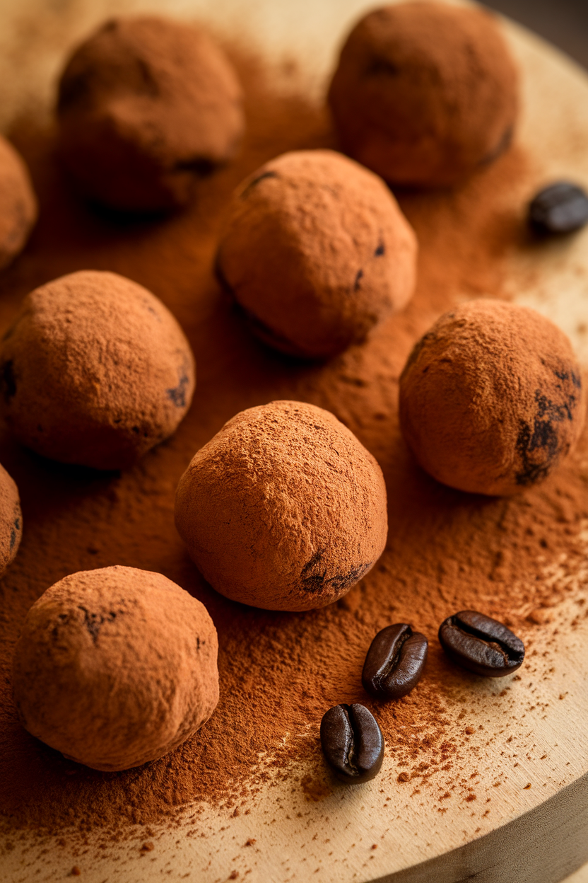 Indoor photo of round chocolate truffles rolled in cocoa powder, a few coffee beans scattered around for contrast. No text or logos.