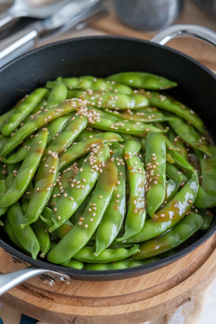 Indoor skillet with bright green snap peas glazed in sesame ginger sauce, sesame seeds sprinkled on top. No text or logos. Photo only.