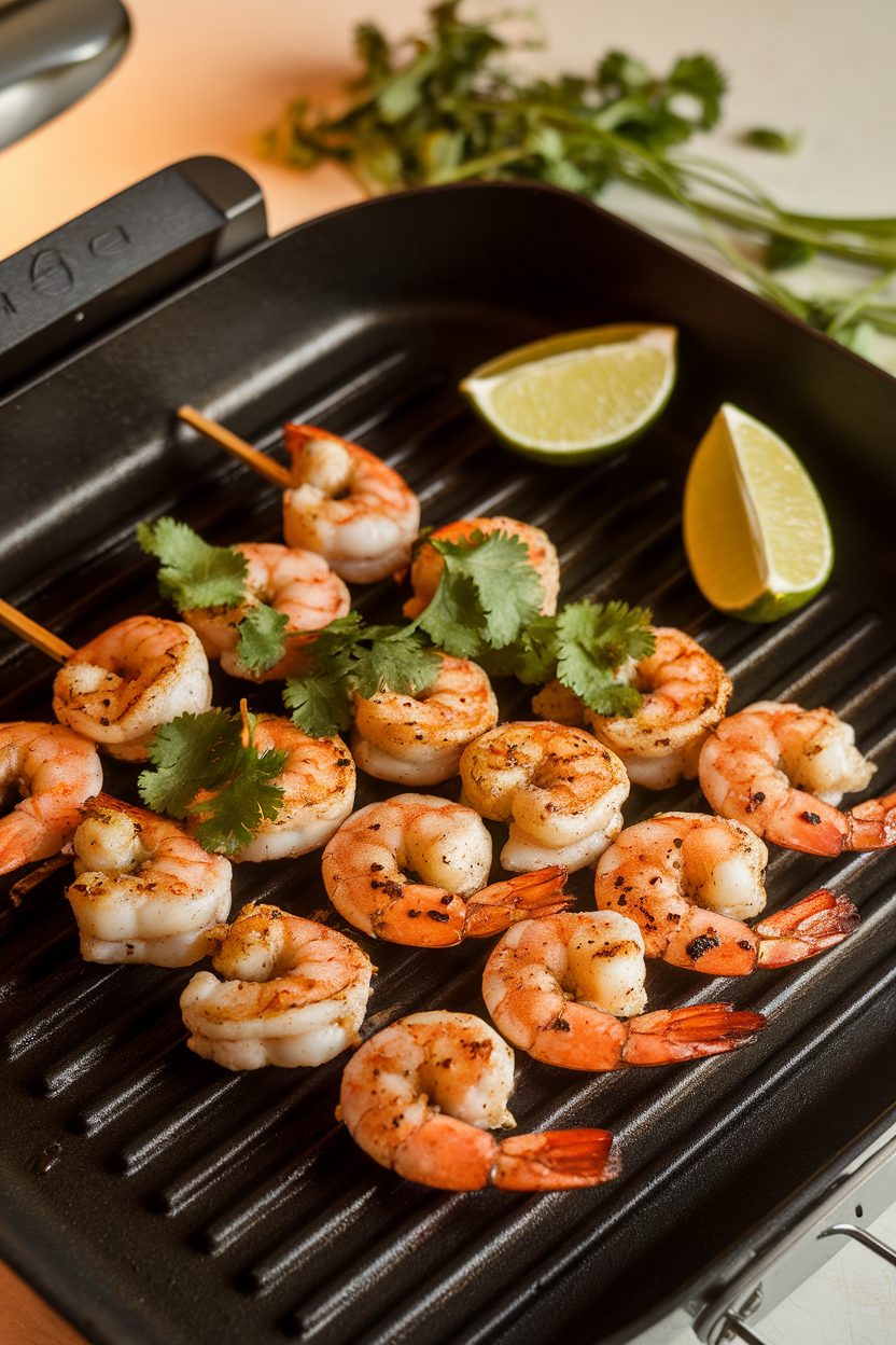 Indoor grill-pan shot of wooden skewers threaded with seasoned shrimp, lime wedges on the side, cilantro leaves sprinkled. No logos or text; photo.
