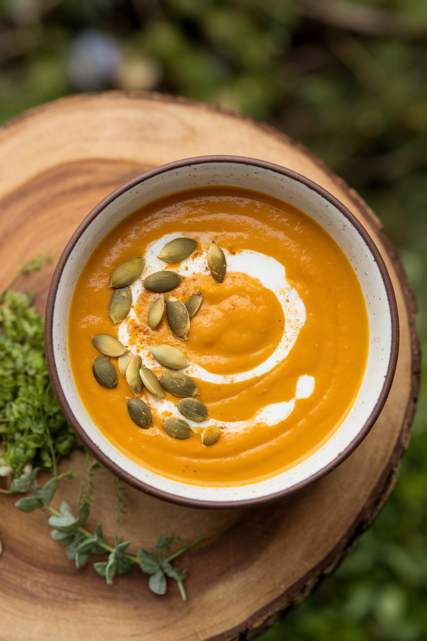 Indoor bowl of velvety orange soup garnished with pumpkin seeds and coconut cream swirl, overhead. No text or logos.