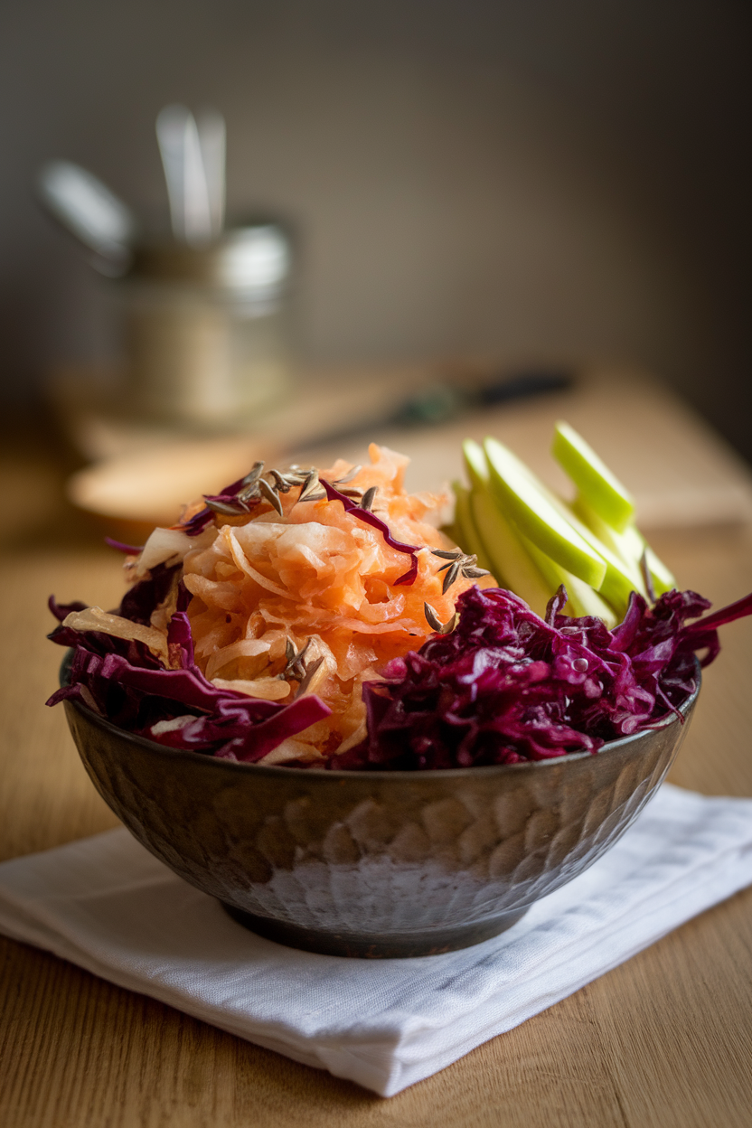 Photo of an indoor table with a deep bowl of shredded red cabbage, sauerkraut, julienned green apple, and caraway seeds. No text or logos.