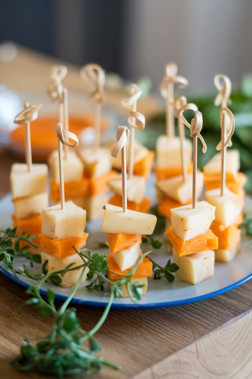 Indoor platter with small skewers alternating bite-sized pear chunks and cheddar cubes. No text or logos present.