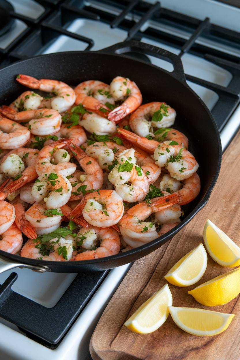 A skillet set on an indoor range, filled with cooked shrimp coated in garlic and parsley, lemon wedges on the side; no raw seafood visible, no text or logos.