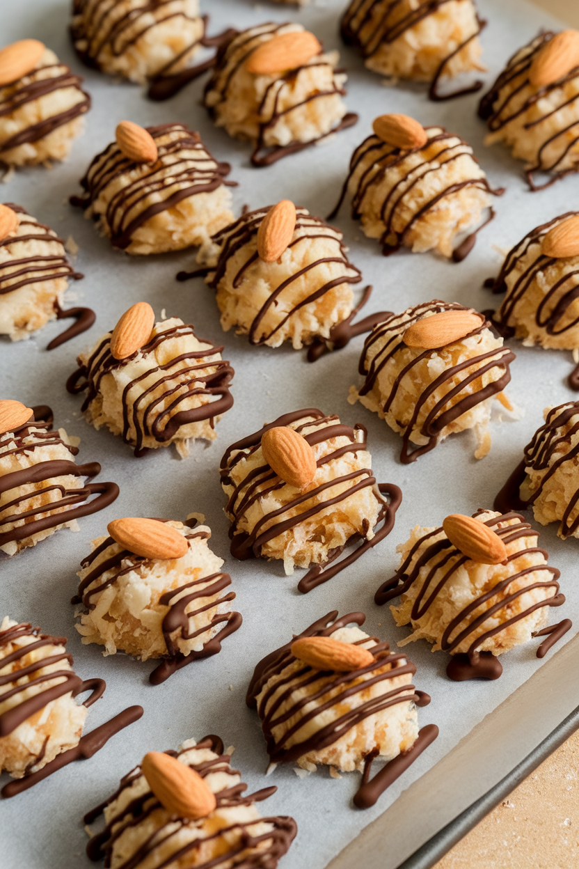 Indoor baking sheet of coconut macaroons drizzled with chocolate and topped with a single almond; no text or logos. Photo, not illustration.