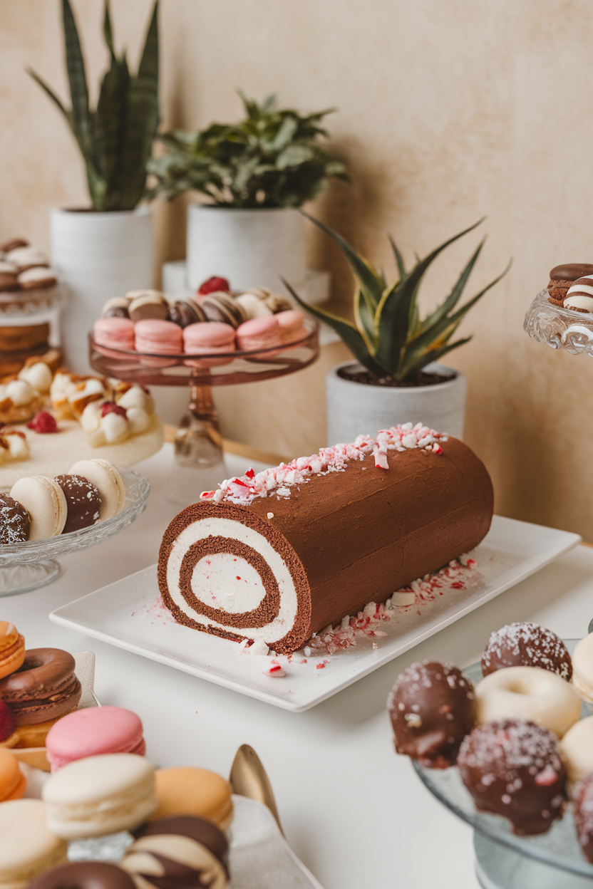 Indoor dessert table photo of a sliced chocolate swiss roll filled with white peppermint cream, edges garnished with crushed candy canes; no text or logos.