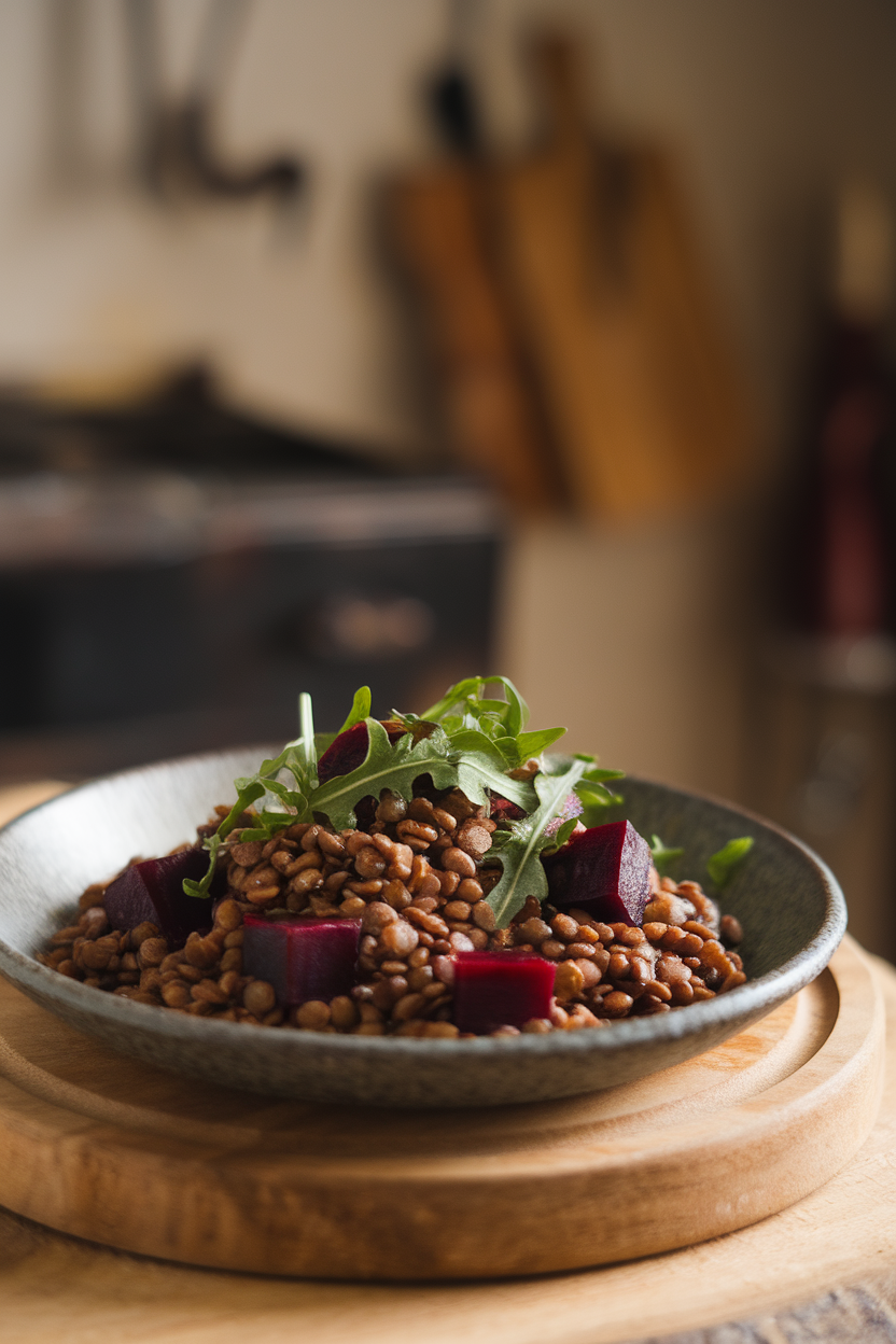 Indoor photo of earthy brown lentils mixed with ruby beet cubes and arugula on a stoneware plate; side lighting, no text or logos
