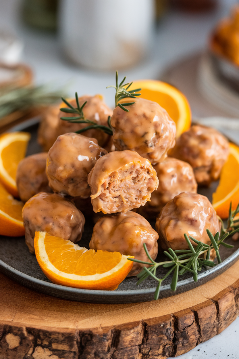 Indoor photo of bite-sized turkey meatballs coated in a shiny orange glaze on a serving platter; no text or logos.