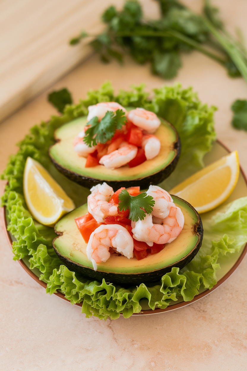 Indoor plate photo of ripe avocado halves filled with chopped cooked shrimp, tomato, and cilantro; bright top lighting, no text or logos.