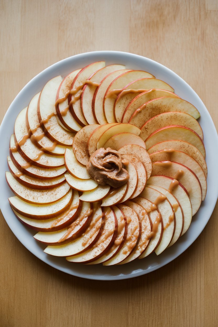 Indoor plate of thin apple slices arranged like chips, drizzled with almond butter and cinnamon; bright lighting, no text or logos.