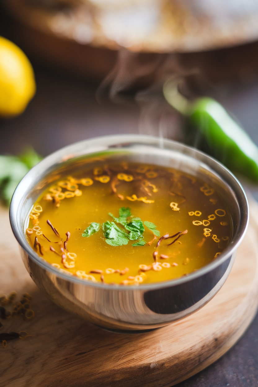 Photo prompt: An indoor soup bowl of clear yellow rasam with floating mustard seeds and coriander, steam rising. No text or logos.