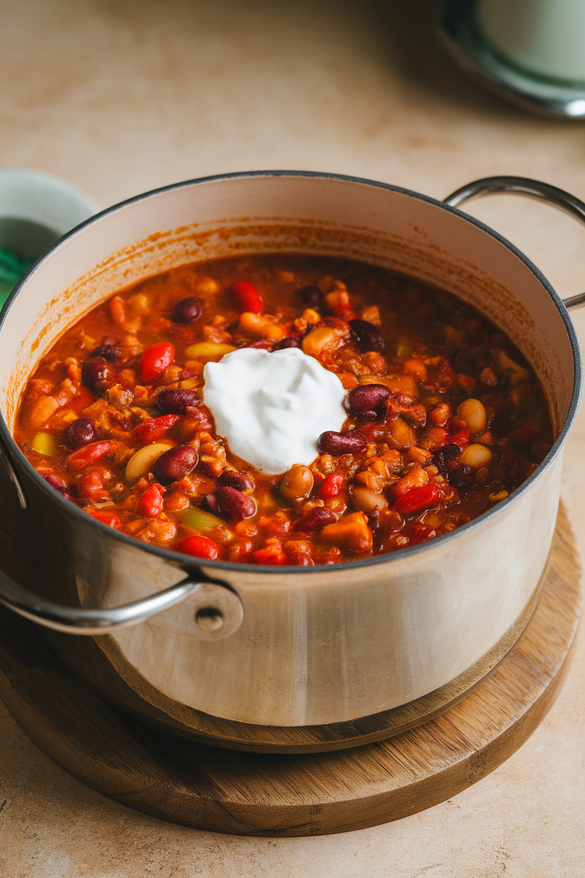 Photo of a thick turkey chili in an indoor soup pot, colorful peppers and beans visible, topped with a dollop of Greek yogurt. No text or logos anywhere.