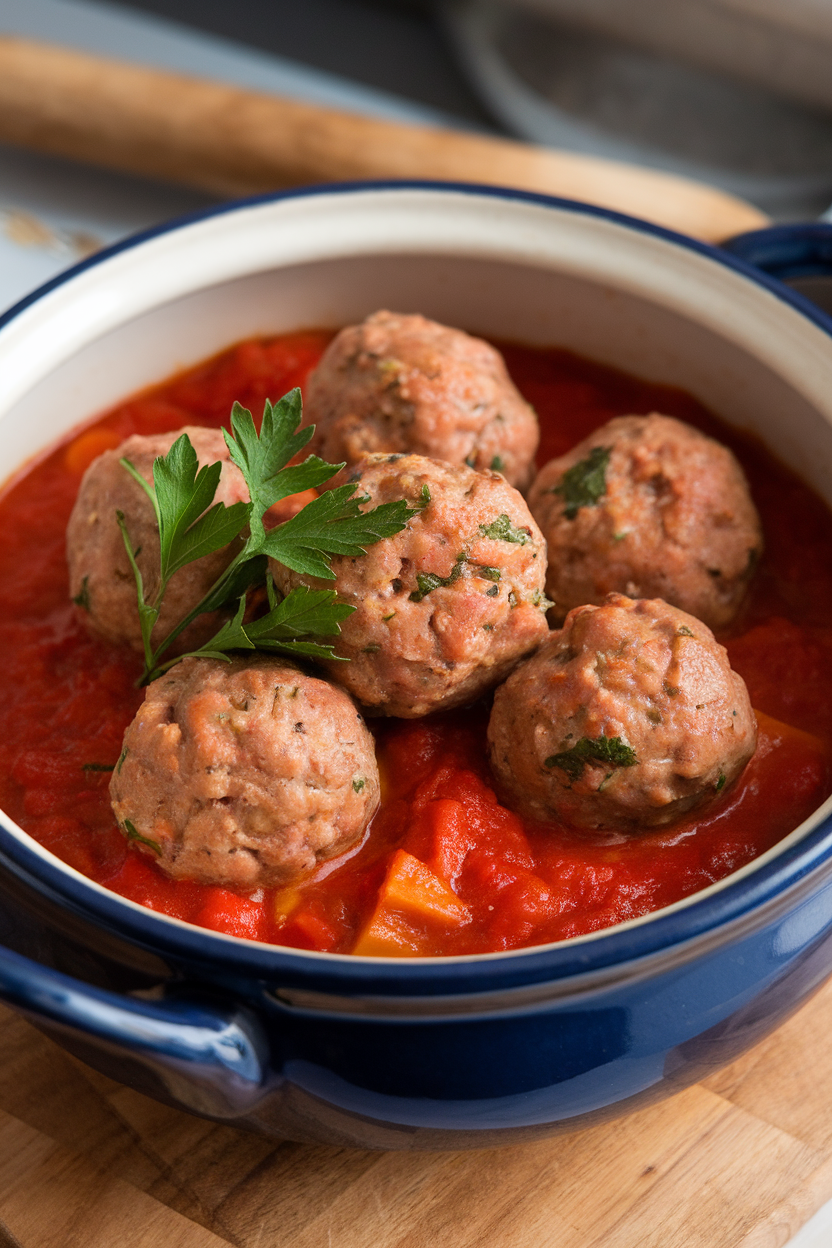 Indoor photo of a ceramic bowl filled with turkey meatballs simmered in chunky tomato sauce, garnished with fresh parsley. No text or logos anywhere.