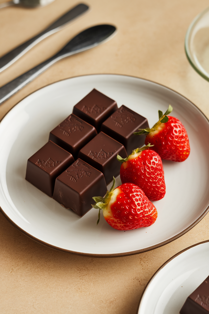 An indoor plate featuring a few squares of glossy dark chocolate beside strawberries, no text or logos on the chocolate.