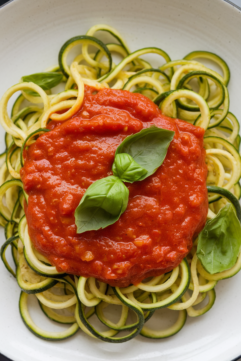 An indoor plate of warm zucchini noodles topped with homemade marinara sauce and basil leaves, no logos.