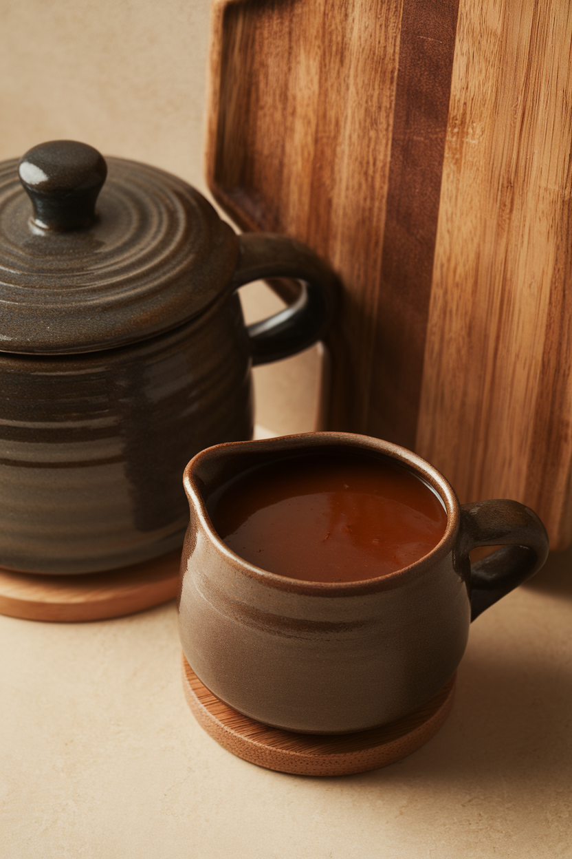Indoor image of deep mahogany gravy in a ceramic pitcher next to carving board, no text or logos.