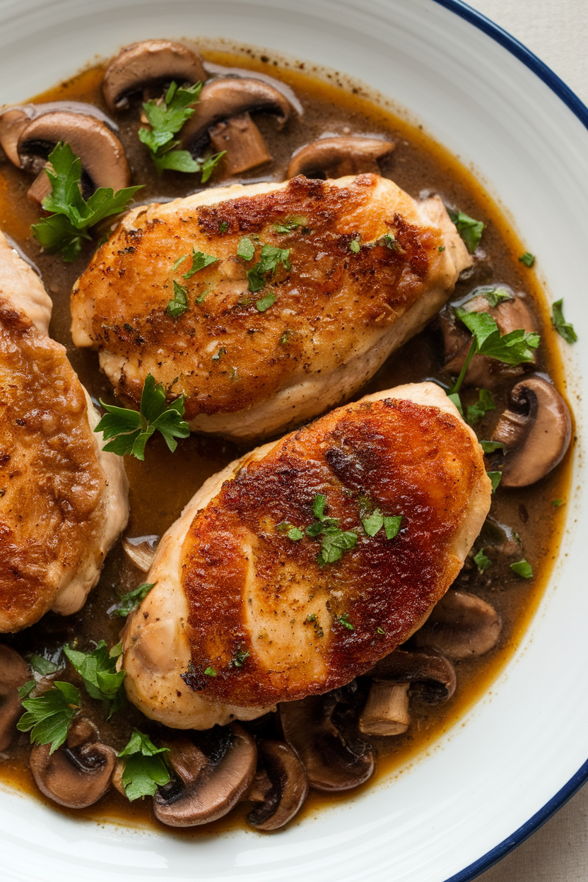Indoor plate with pan-seared chicken cutlets in glossy Marsala mushroom sauce, garnished with parsley. No logos. Photo only.