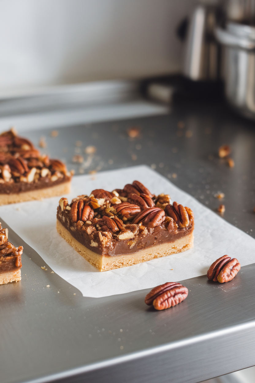 Indoor kitchen counter with square bars showing gooey pecan filling over shortbread crust, a few toasted pecans scattered nearby. No logos or text.