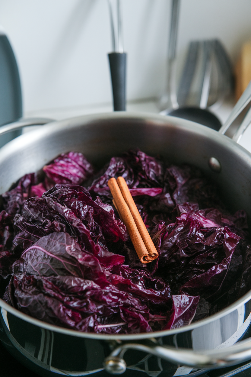 An indoor saucepan filled with deep purple braised cabbage, cinnamon stick visible, photo, no text or logos.