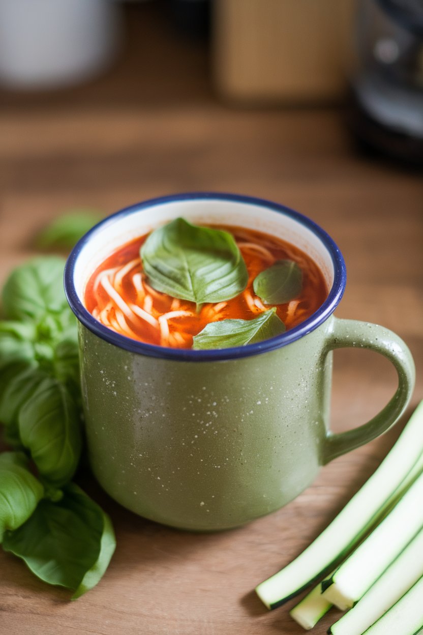 An indoor soup mug containing tomato broth with visible zucchini noodles and fresh basil leaves floating on top. No logos or text.