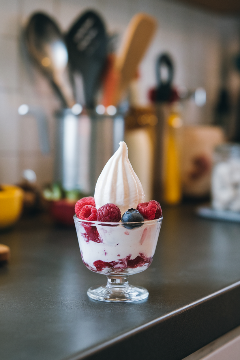A half-cup scoop of frozen yogurt in a small glass dish topped with fresh berries on an indoor countertop. No branding or text.