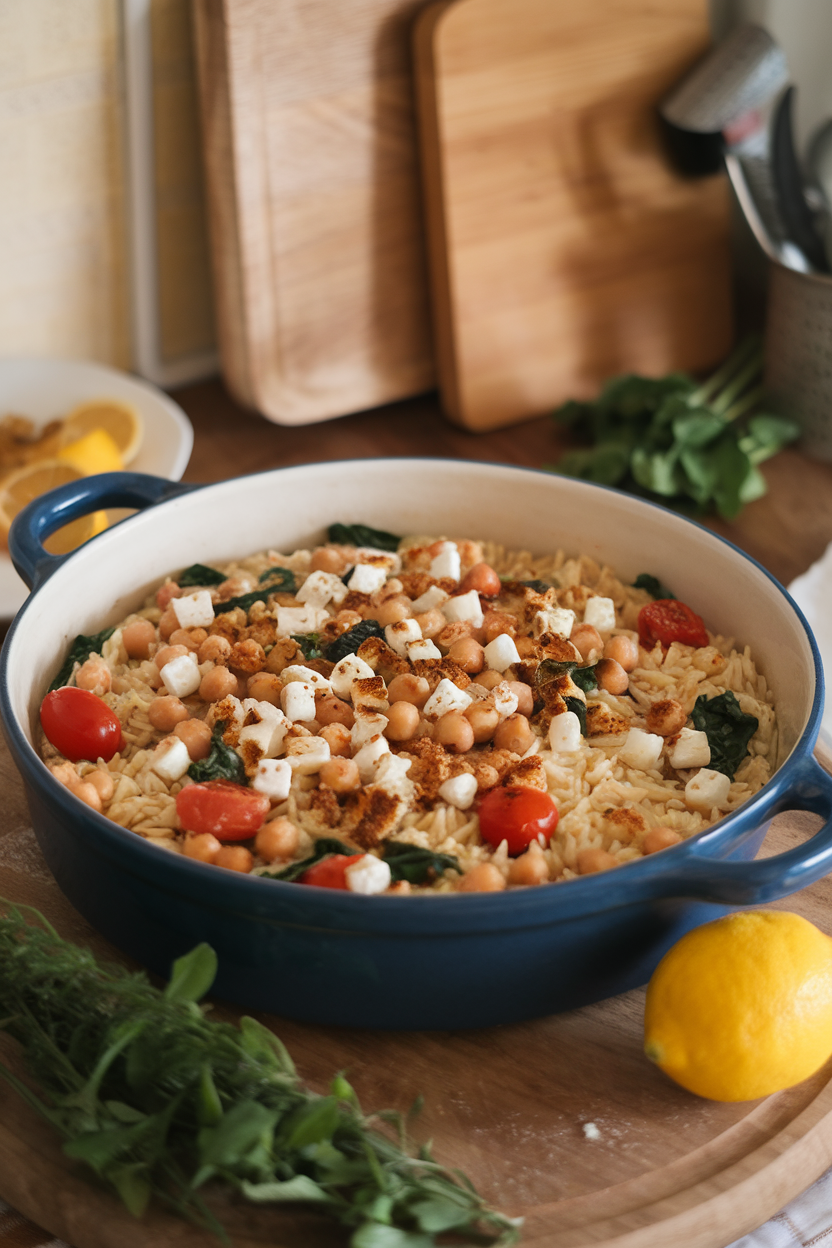 Warm indoor kitchen scene with a blue stoneware dish of cooked orzo dotted with chickpeas, spinach, cherry tomatoes, and crumbles of feta, lightly browned. No text or logos.