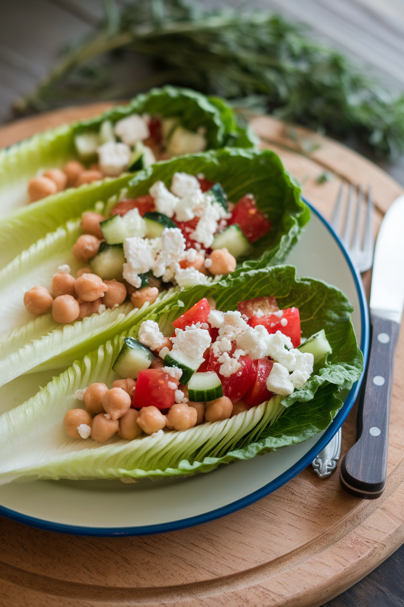 An indoor plate with romaine leaves filled with chickpeas, diced cucumber, tomato, and crumbled feta. Photo, no text or logos.