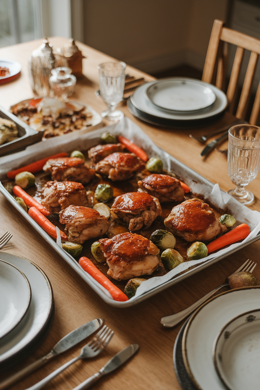 An indoor dinner table featuring a sheet pan of roasted bone-in chicken thighs glazed with maple-mustard sauce, surrounded by carrots and Brussels sprouts. Warm lighting, no text or logos. Photo only.