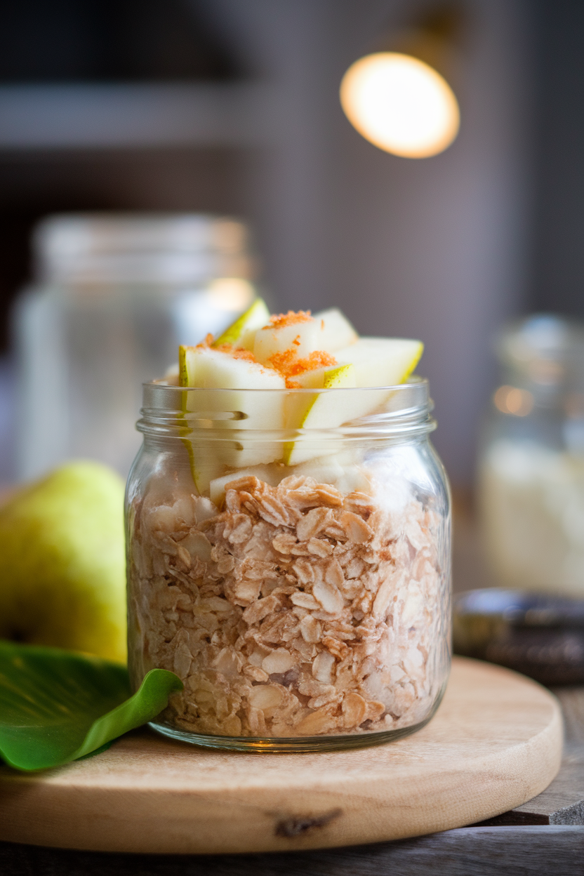 An indoor close-up of a jar of overnight spelt flakes topped with diced pear and a hint of grated ginger. Photo, no text or logos.
